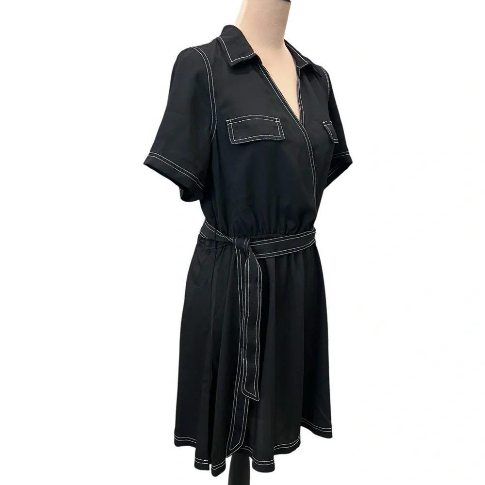 Vince Camuto Belted Faux Wrap Shirt Dress Contrast Stitch Black White M NWT